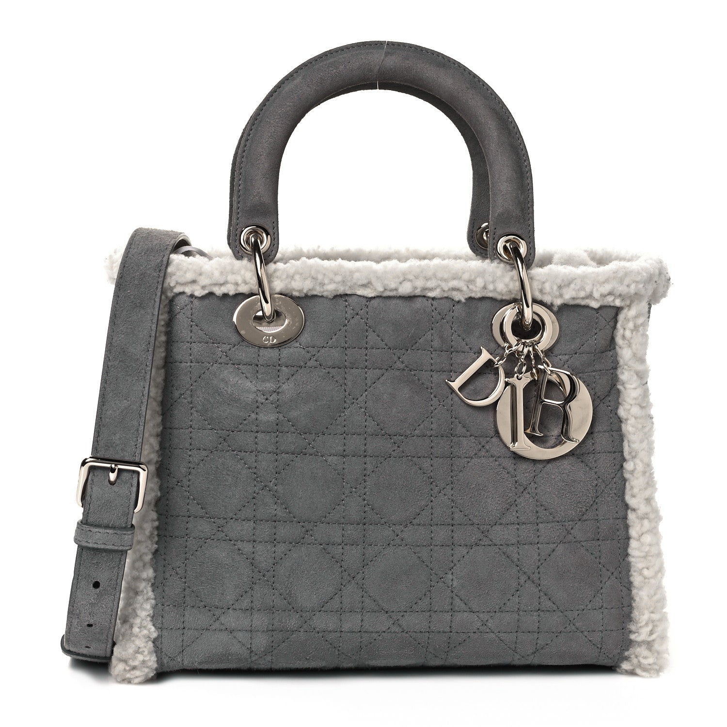 Christian Dior Suede Shearling Cannage Small Lady Dior Gray 1 of 7