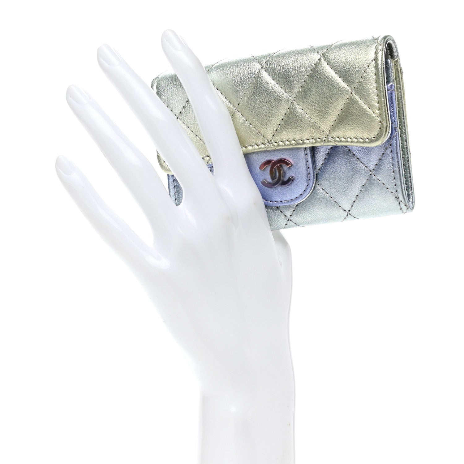 Chanel Gradient Metallic Calfskin Quilted Flap Card Holder Wallet Silver Blue Yellow Purple 2 of 10
