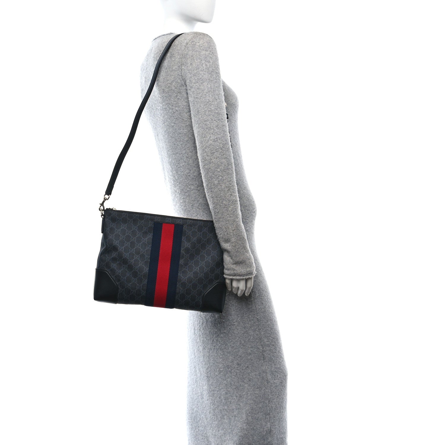Gucci Soft GG Supreme Monogram Appia Calfskin Web East West Messenger Bag Black Grey 2 of 10