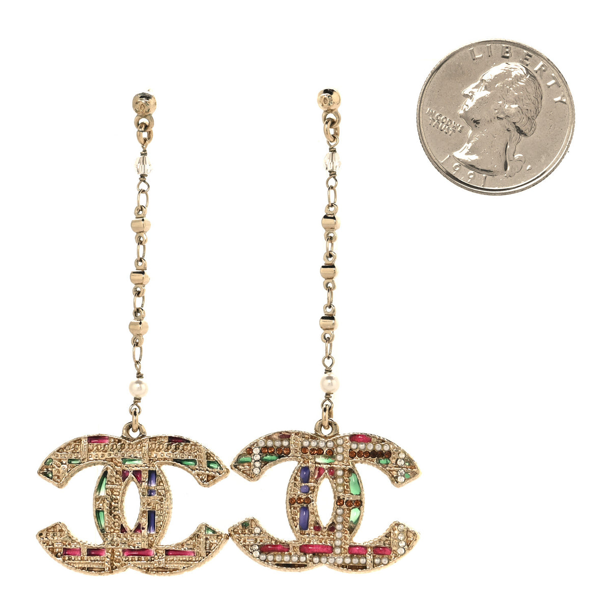 Chanel Pearl Crystal CC Tweed Drop Earrings Gold Brown Green 2 of 4