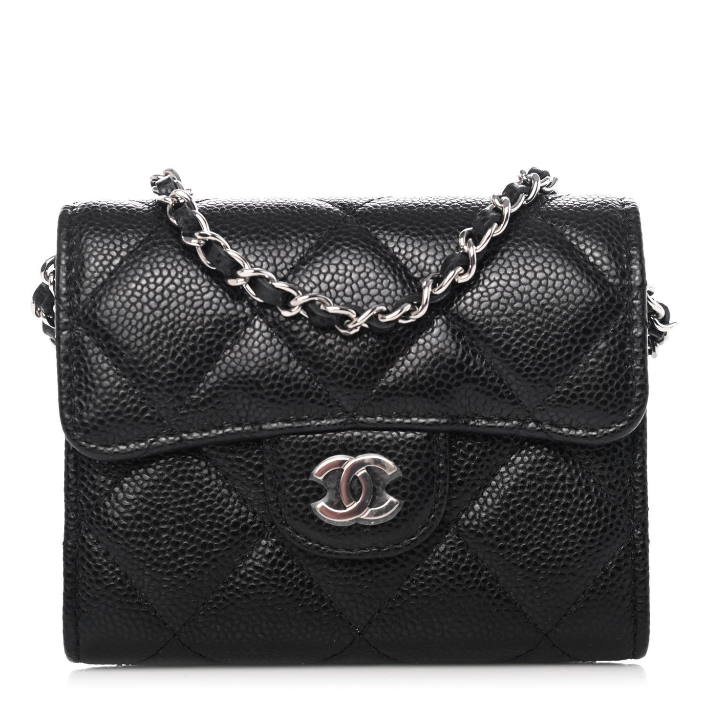 Caviar Quilted Flap Card Holder On Chain Black