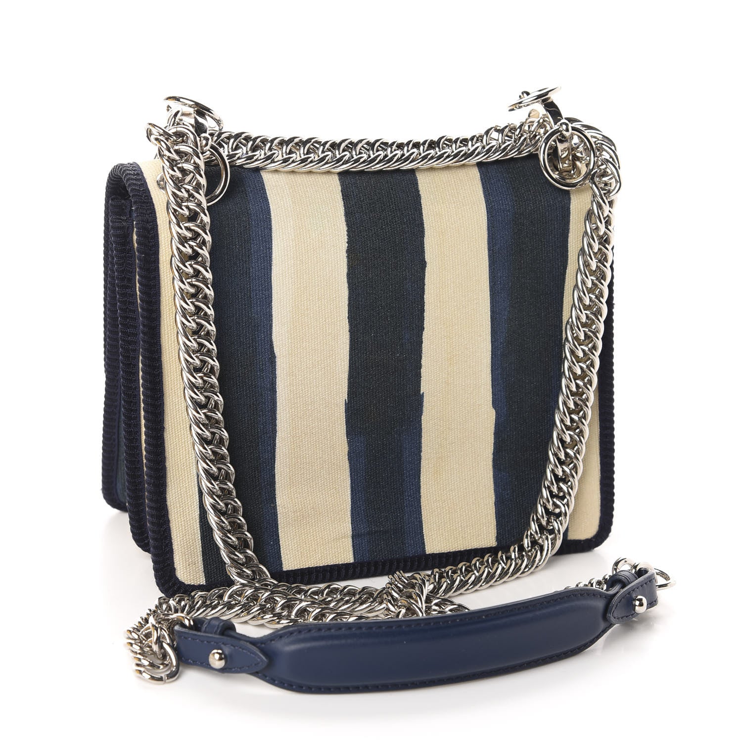 Fendi Canvas Calfskin Striped Bow Small Kan I Shoulder Bag Blueberry 3 of 16