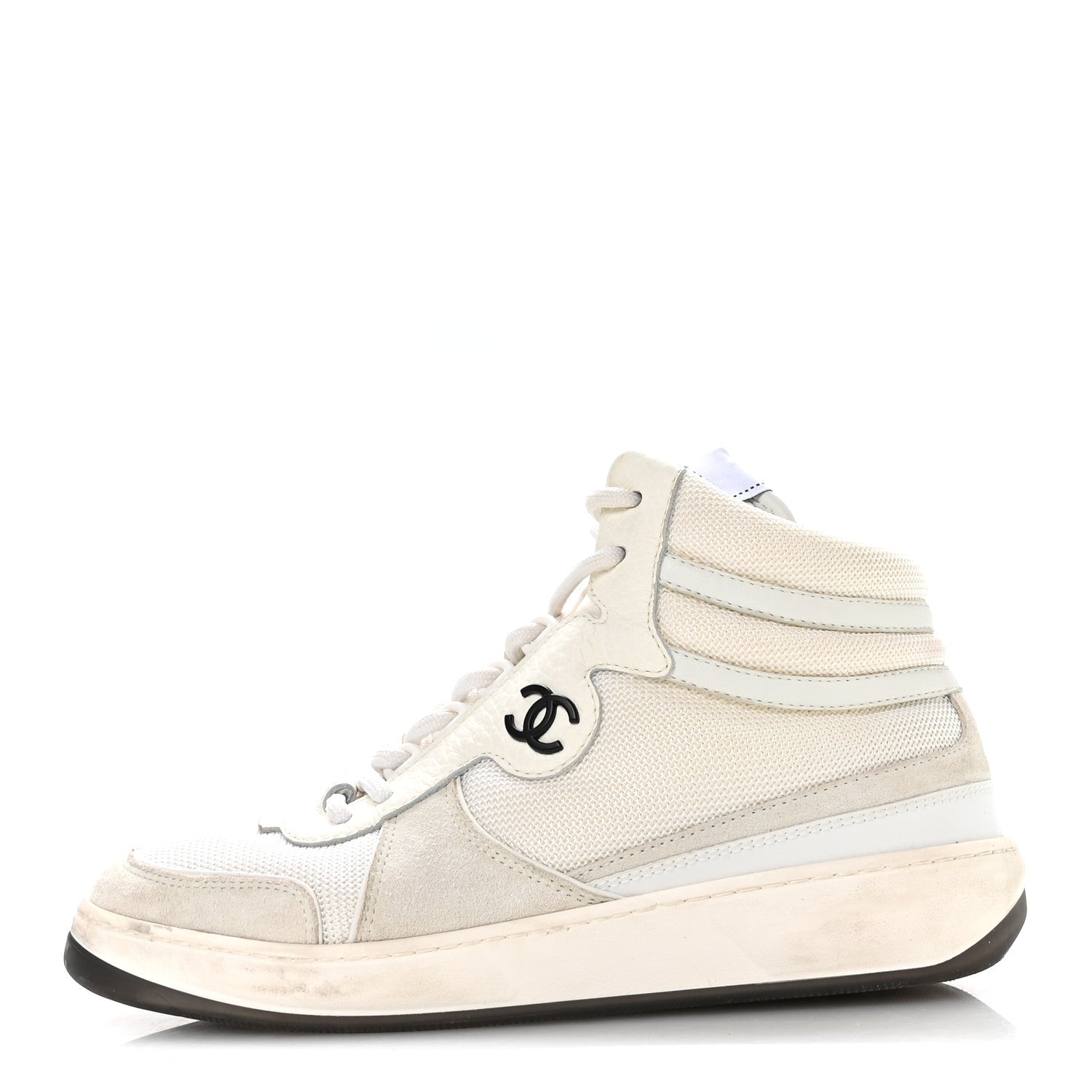 Chanel Suede Fabric Grained Calfskin Womens CC High Top Sneakers 38 White 1 of 8