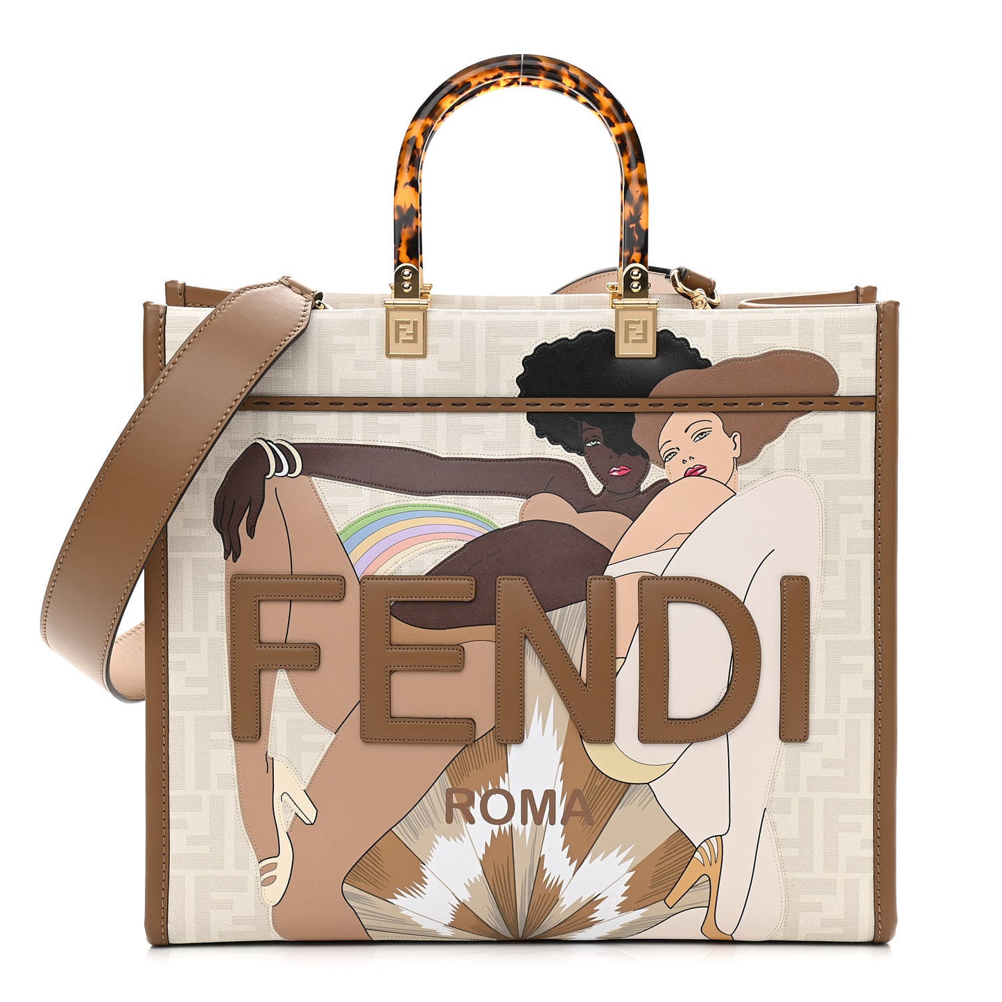 Glazed Fabric Plexiglass FF Logo Bikini Girls Medium Fendi Sunshine Shopper Tote Bianco Perla Multicolor Miele Scuro