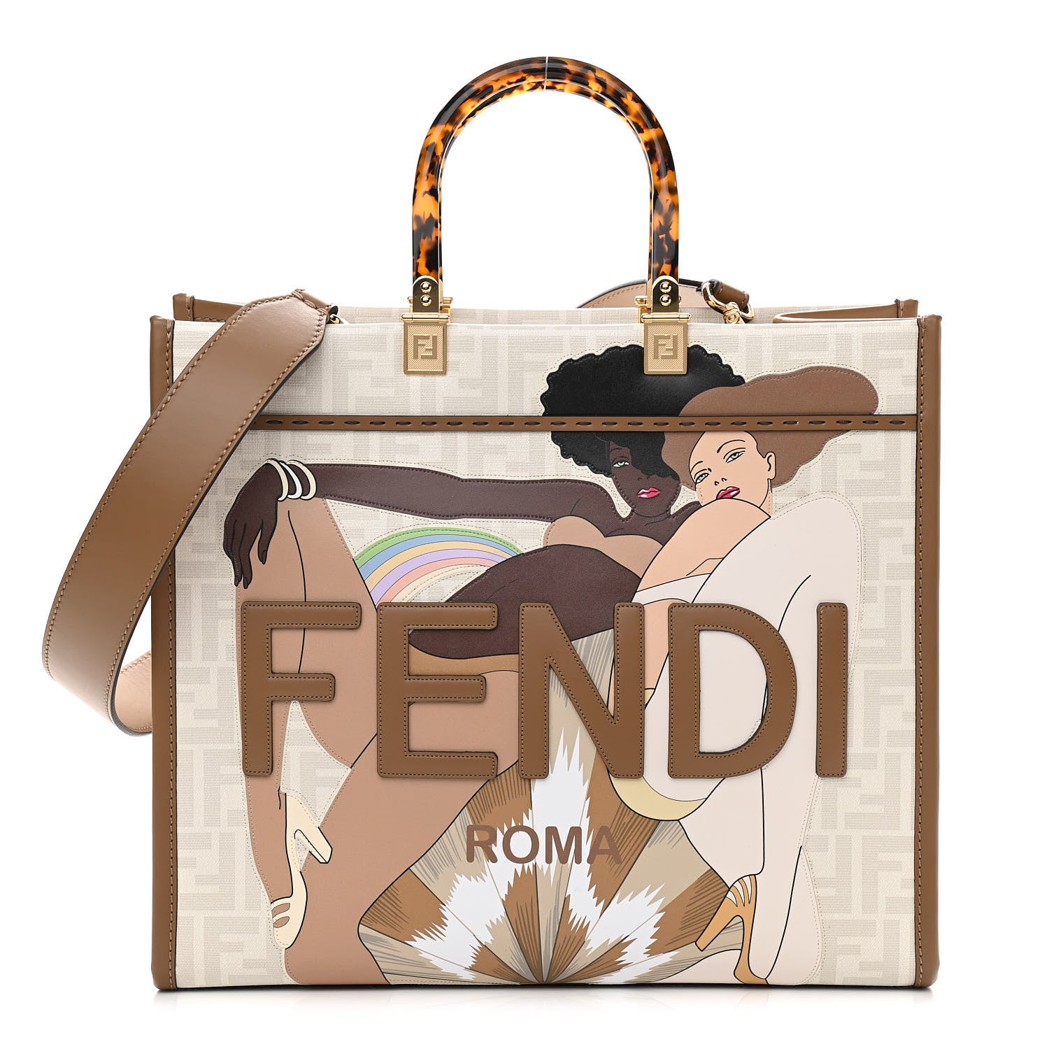 Fendi Glazed Fabric Plexiglass FF Logo Bikini Girls Medium Fendi Sunshine Shopper Tote Bianco Perla Multicolor Miele Scuro 1 of 10