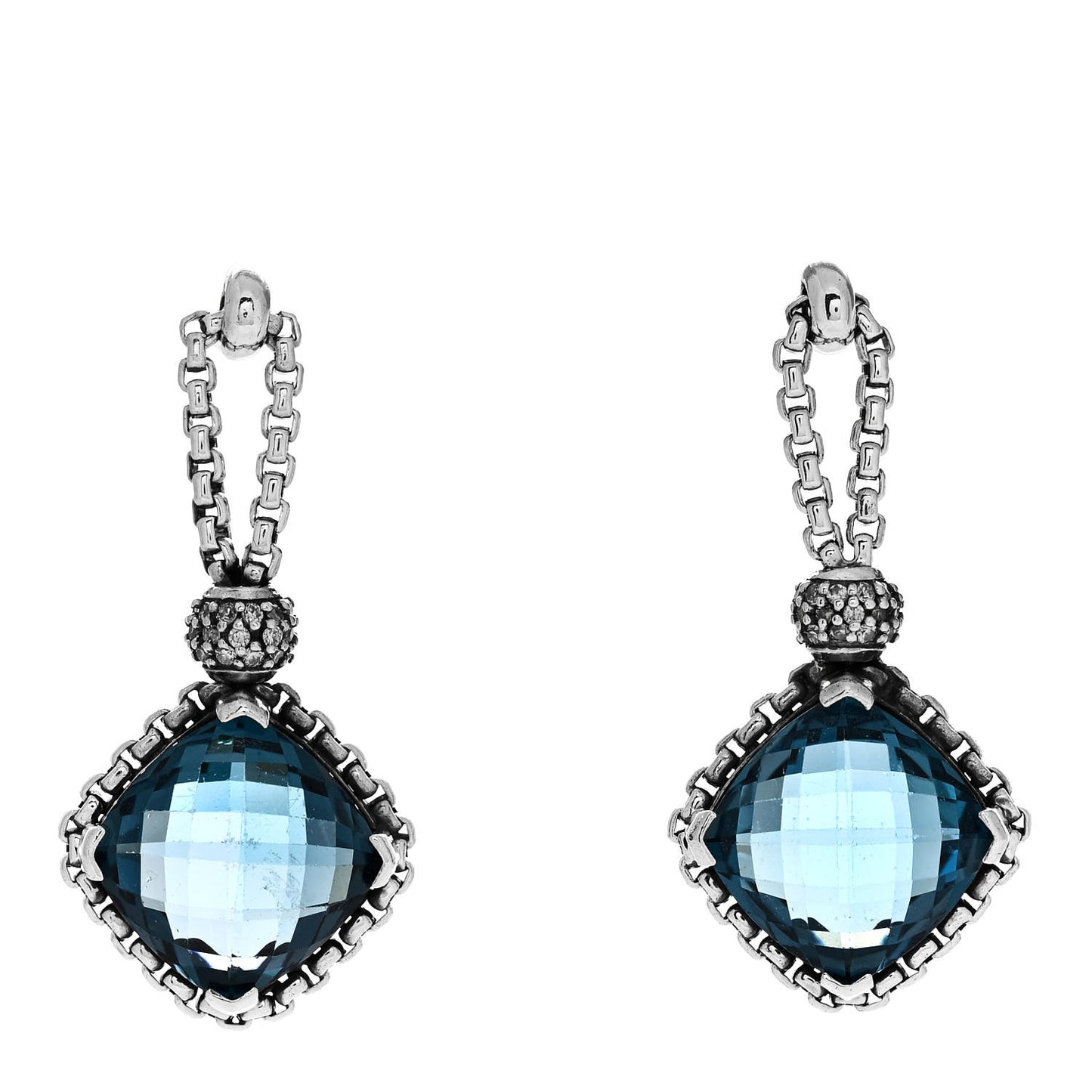 Sterling Silver Diamond Blue Topaz Cushion On Point Drop Earrings