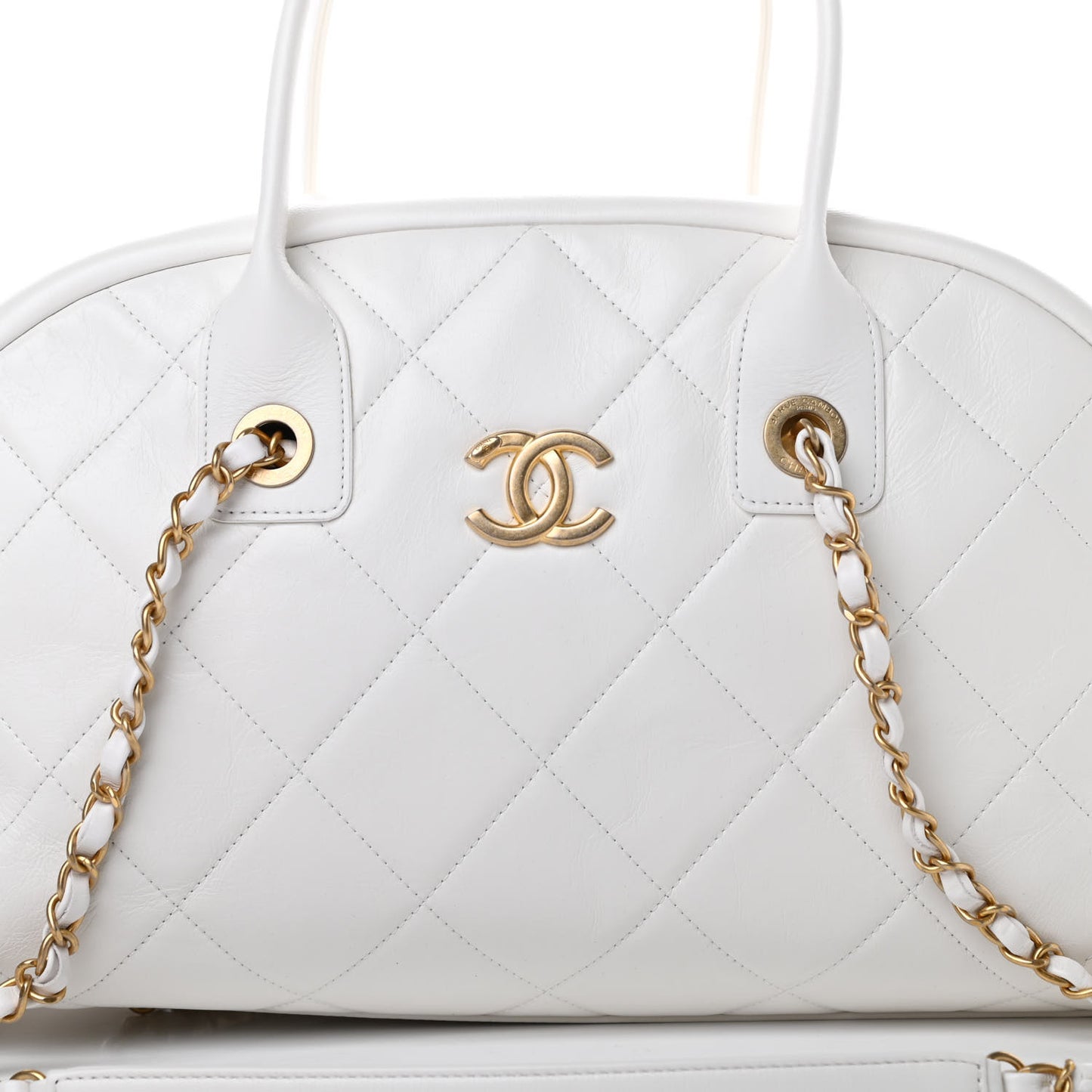 Calfskin Quilted CC Top Handle Bowling Bag White