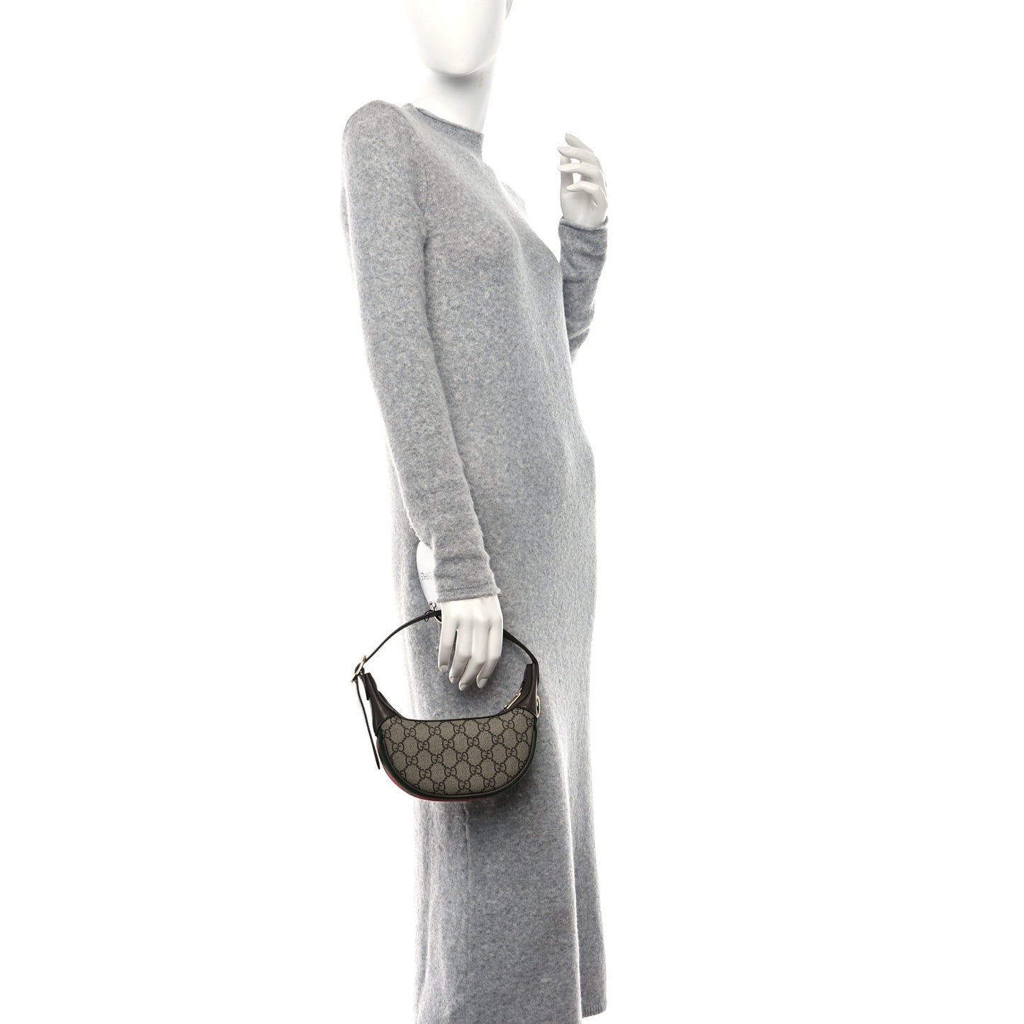 GG Supreme Monogram Textured Calfskin Web Mini Ophidia Half Moon Hobo Beige Ebony New Acero
