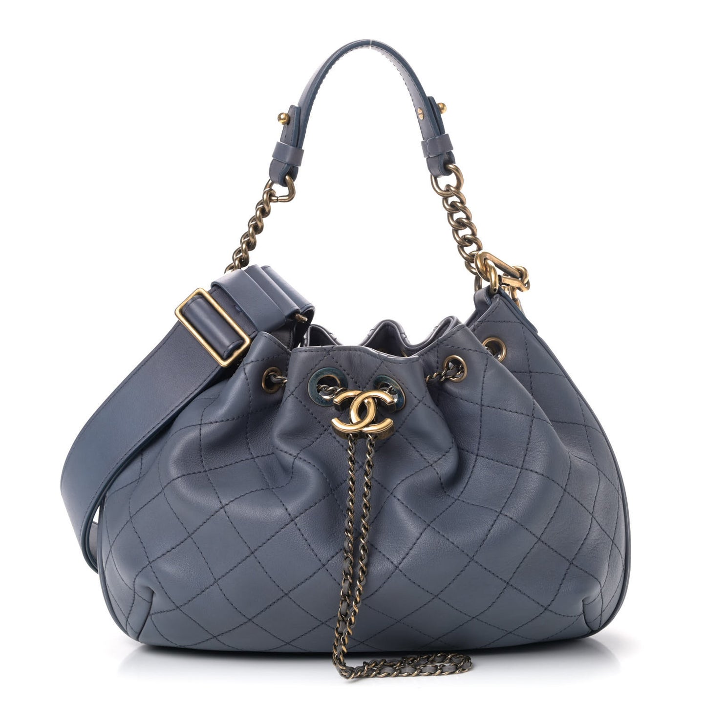 Calfskin Stitched Small Paris Rome Drawstring CC Bag Blue