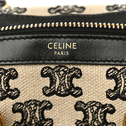 Celine Canvas Calfskin Triomphe Embroidered Boston Bag Black 6 of 12