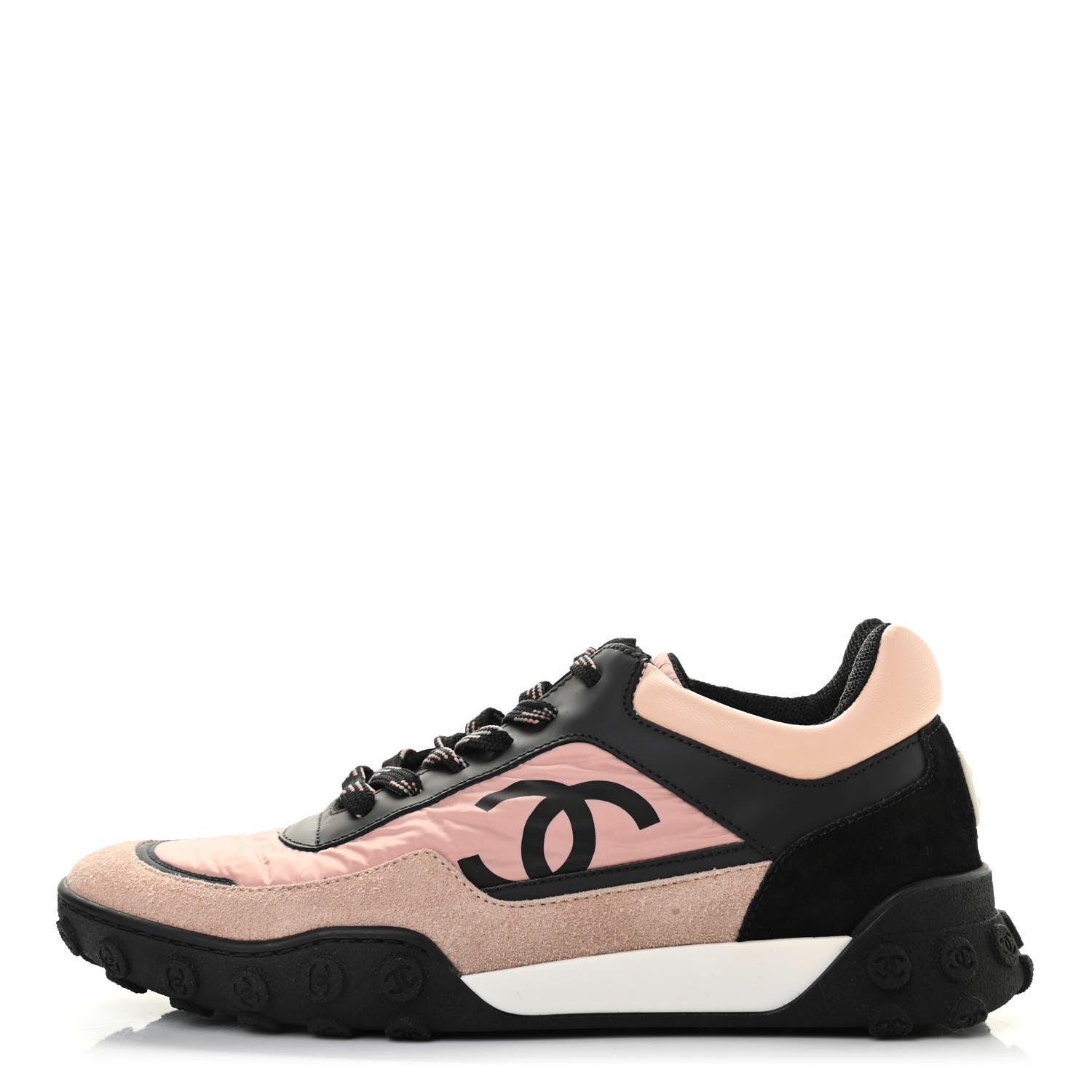 Chanel Nylon Calfskin Suede CC Womens Sneakers 35.5 Pink Black 1 of 7