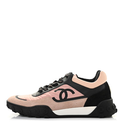 Chanel Nylon Calfskin Suede CC Womens Sneakers 35.5 Pink Black 1 of 7