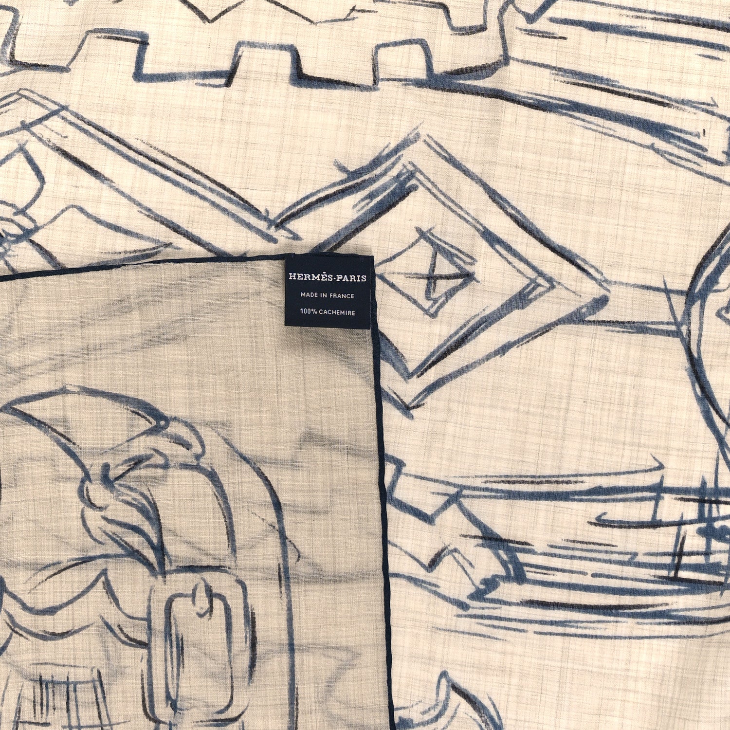 Hermes Cashmere Brides et Destin Esquisse Light Scarf 90 Beige Chine Marine Black 2 of 3