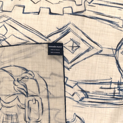 Hermes Cashmere Brides et Destin Esquisse Light Scarf 90 Beige Chine Marine Black 2 of 3