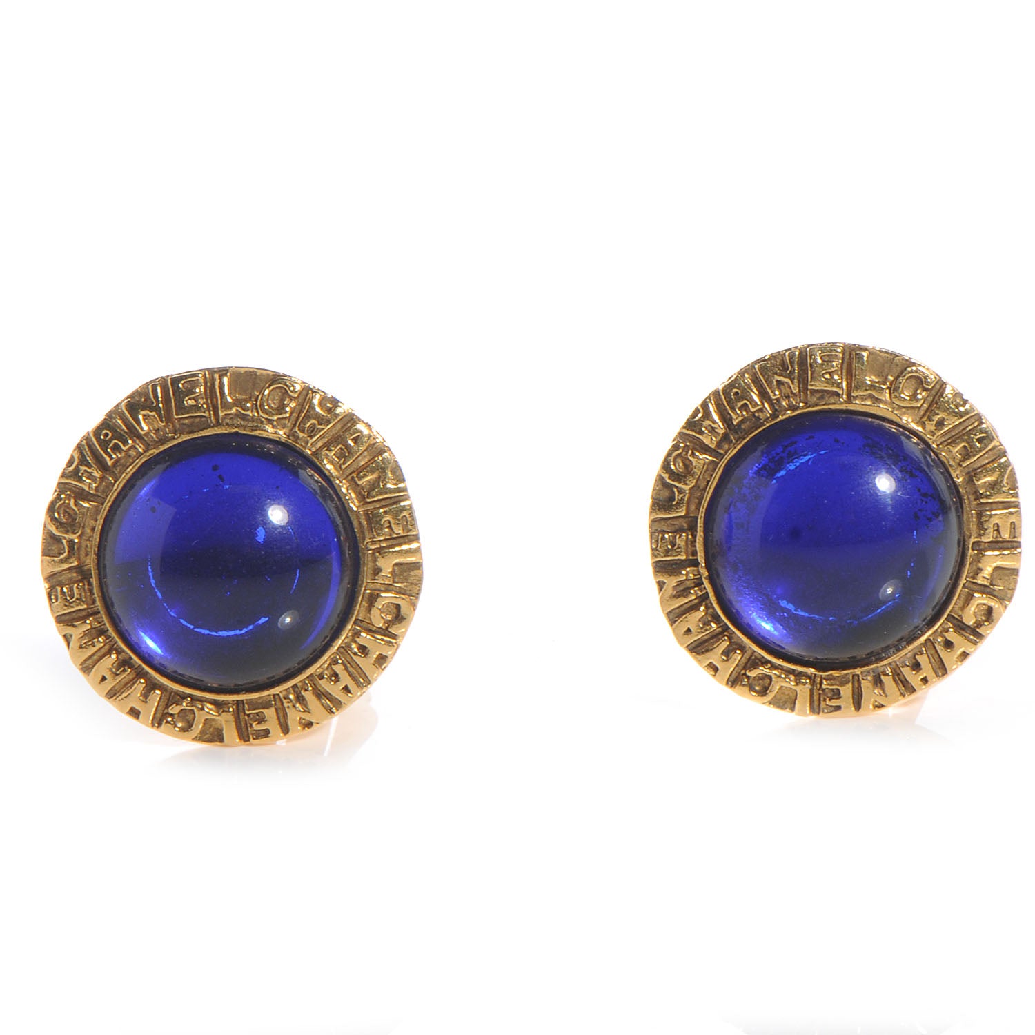 Chanel Poured Glass CC Clip On Earrings Gold Blue 1 of 5
