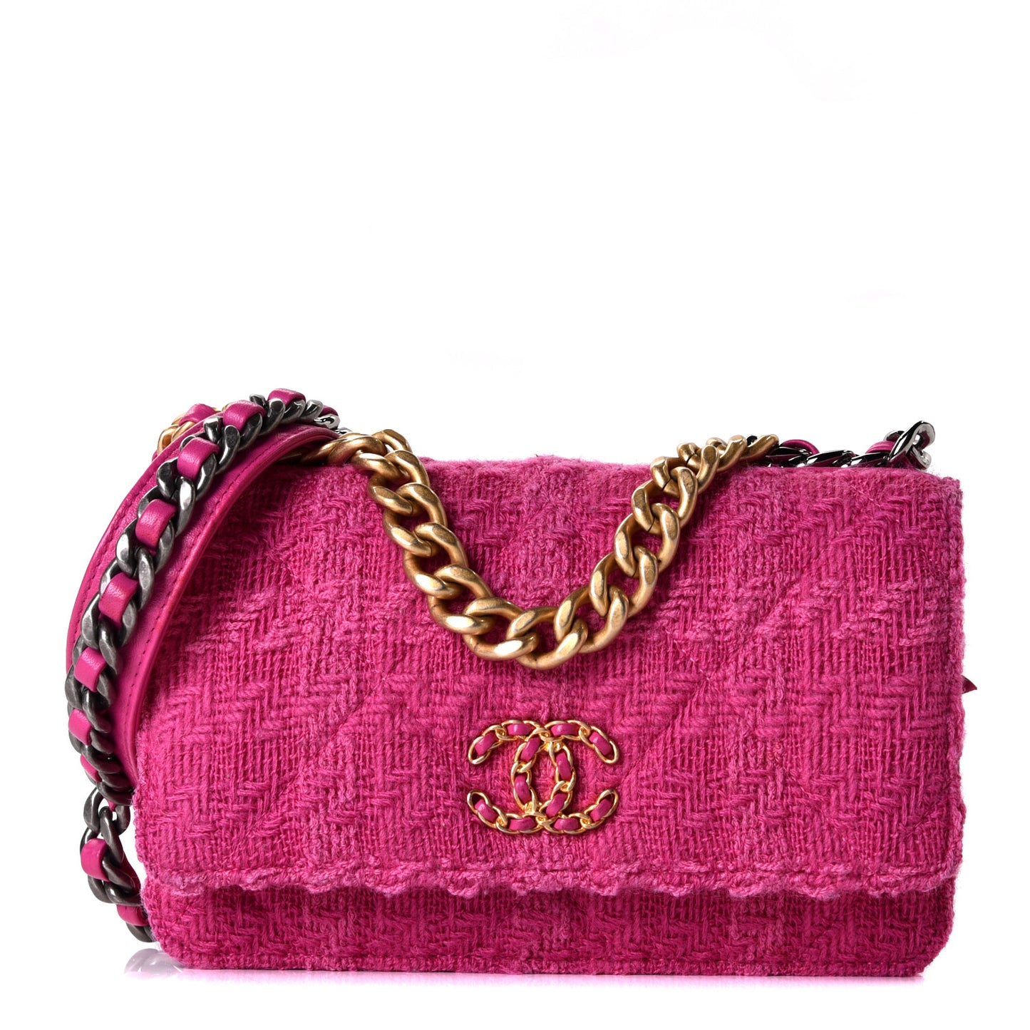 Wool Tweed Lambskin Quilted Chanel 19 Wallet On Chain WOC Fuchsia