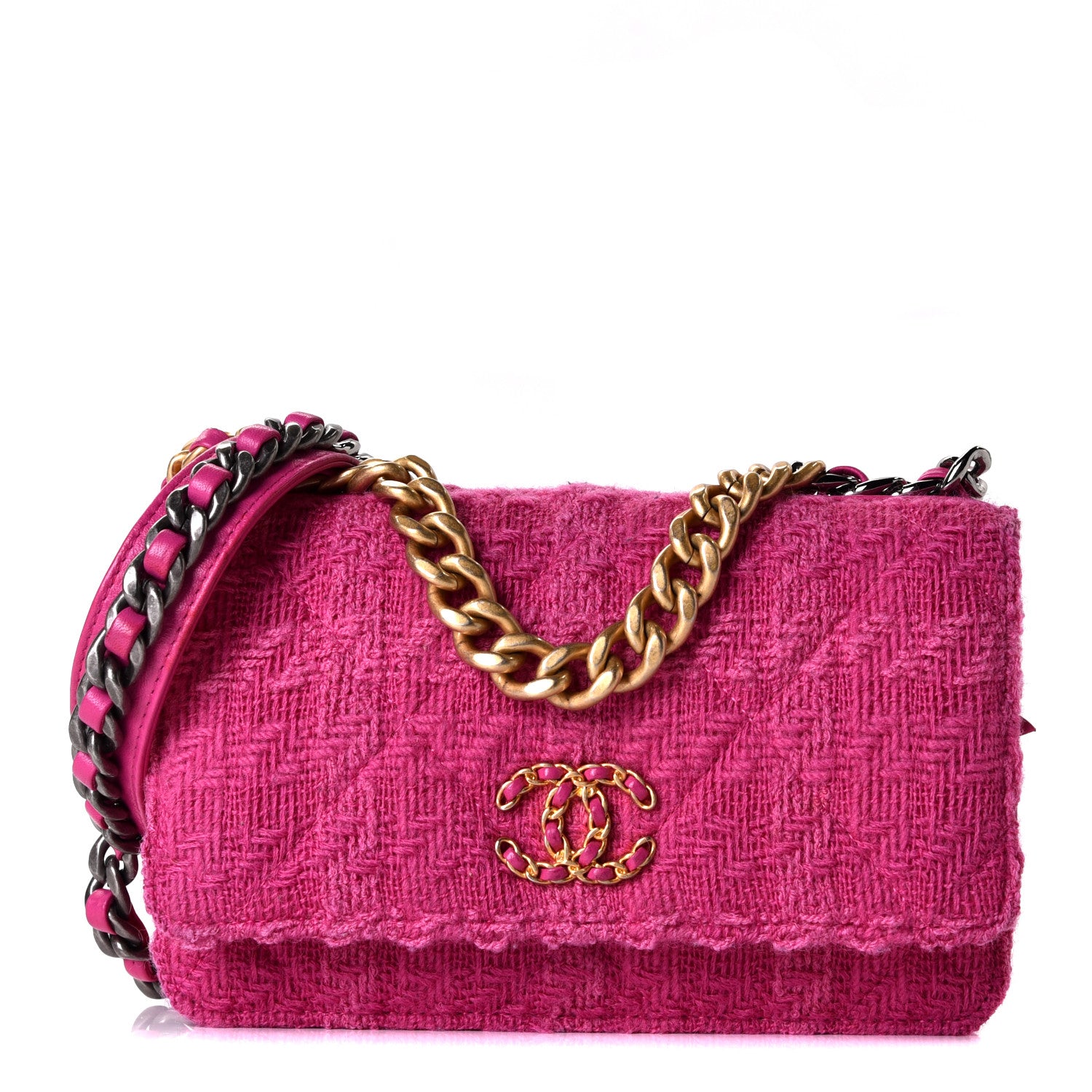 Chanel Wool Tweed Lambskin Quilted Chanel 19 Wallet On Chain WOC Fuchsia 1 of 10