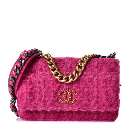Chanel Wool Tweed Lambskin Quilted Chanel 19 Wallet On Chain WOC Fuchsia 1 of 10