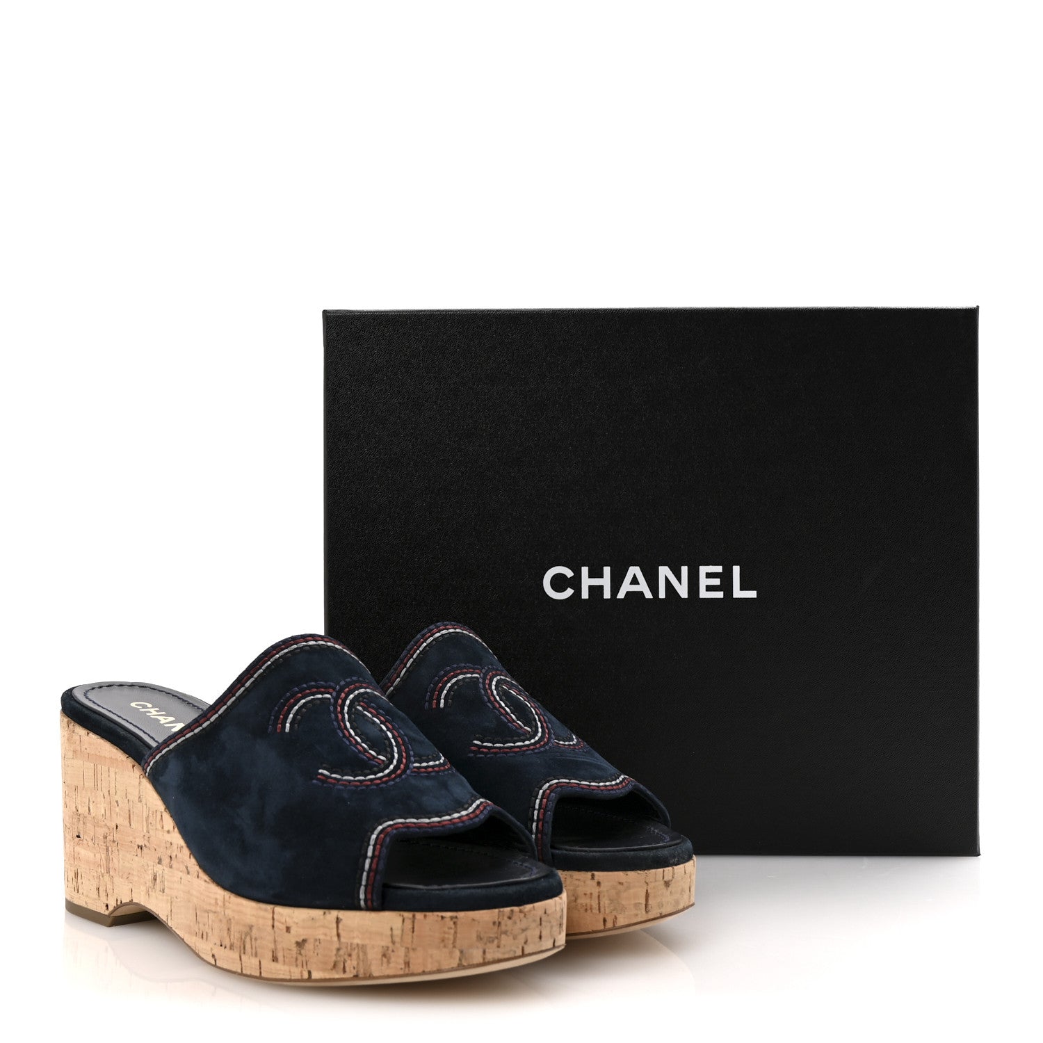 Chanel Suede Calfskin Cork CC Wedge Sandal 39 Navy Blue 10 of 10