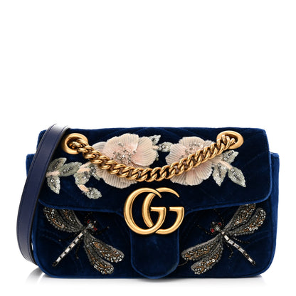 Gucci Velvet Matelasse Embroidered Mini GG Marmont Shoulder Bag Cobalt Blue 1 of 12