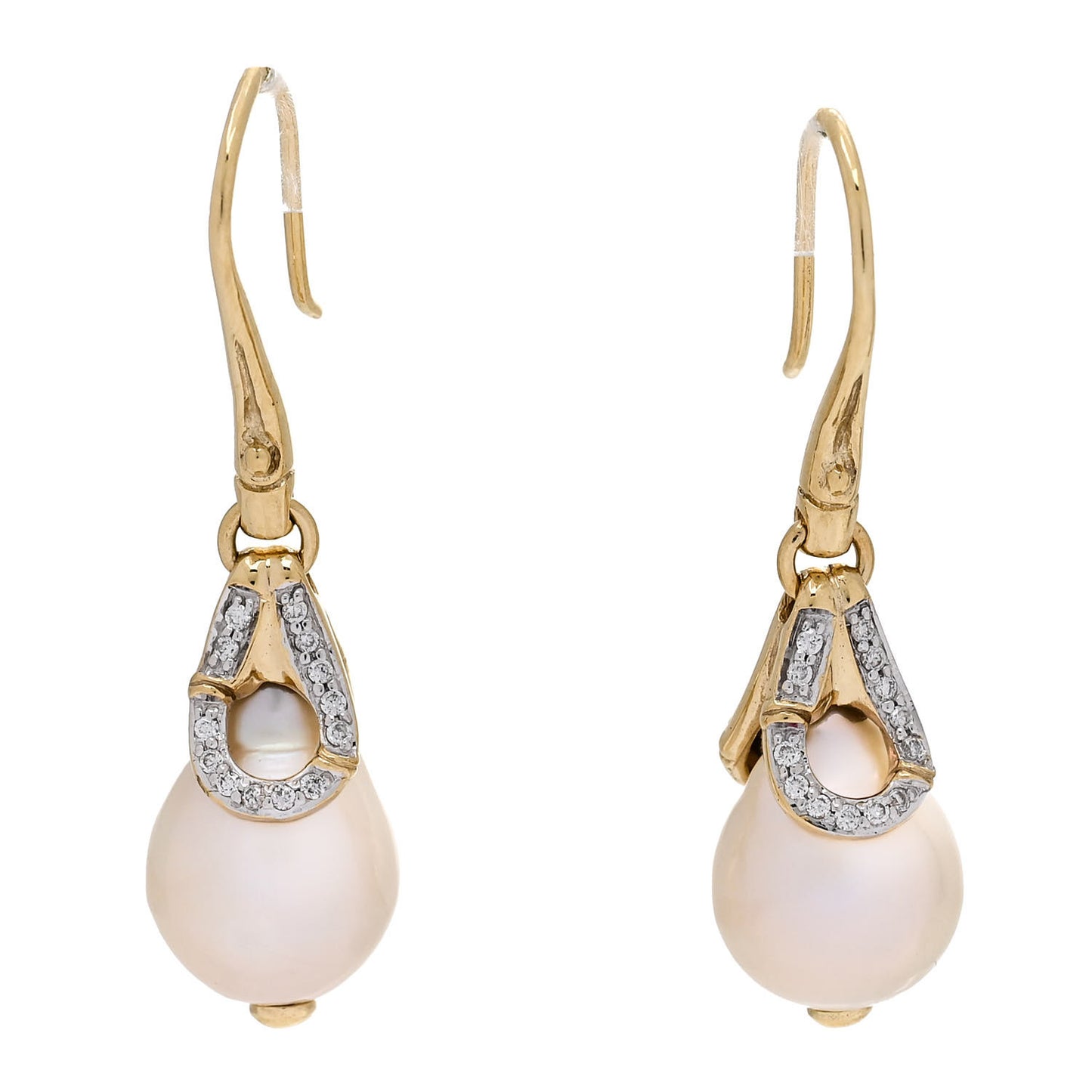 18K Yellow Gold Diamond Bamboo Pearl Drop Earrings