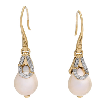 John Hardy 18K Yellow Gold Diamond Bamboo Pearl Drop Earrings 1 of 4