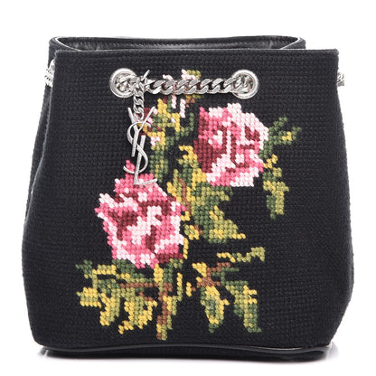 Saint Laurent Woven Wool Embroidered Baby Emmanuelle Bucket Bag Black 1 of 9