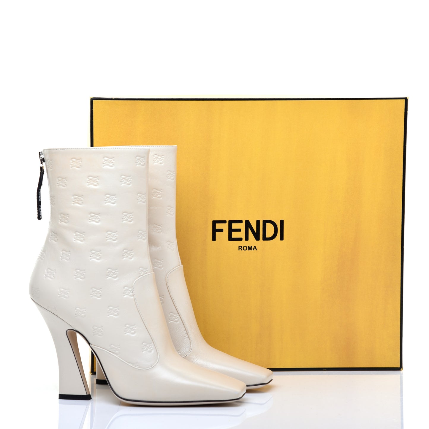 Vitello Karligraphy Embossed FFreedom High Heel Ankle Boots 39 White