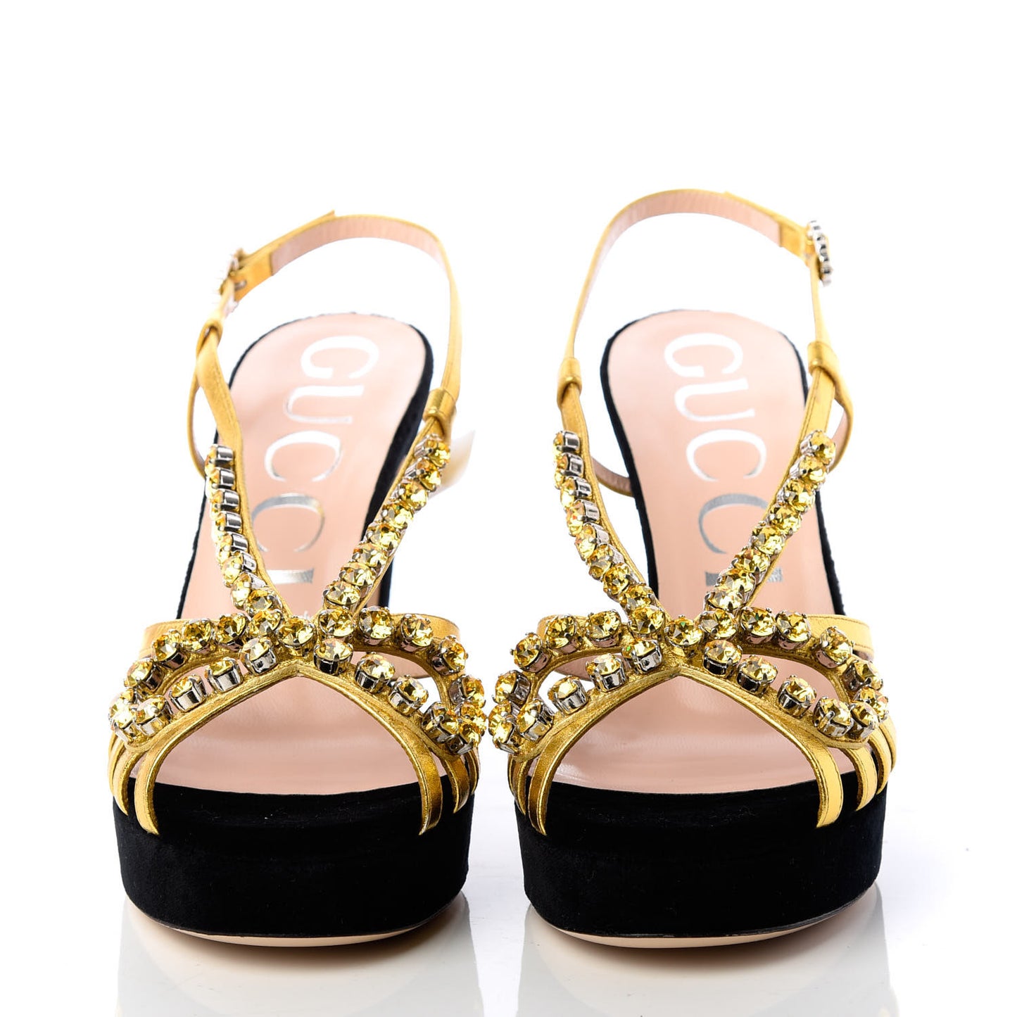 Velvet Nappa Crystal Zephyra Slingback Platform High Heel Sandals 38.5 Black Gold