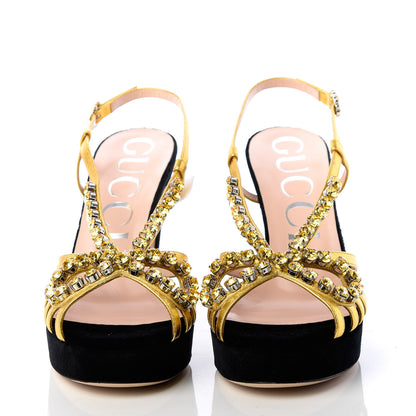 Gucci Velvet Nappa Crystal Zephyra Slingback Platform High Heel Sandals 38.5 Black Gold 2 of 9