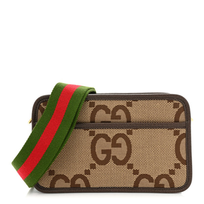 Gucci Monogram Jumbo GG Textured Dollar Calfskin Web Mini Crossbody Bag Camel Ebony New Acero 1 of 11