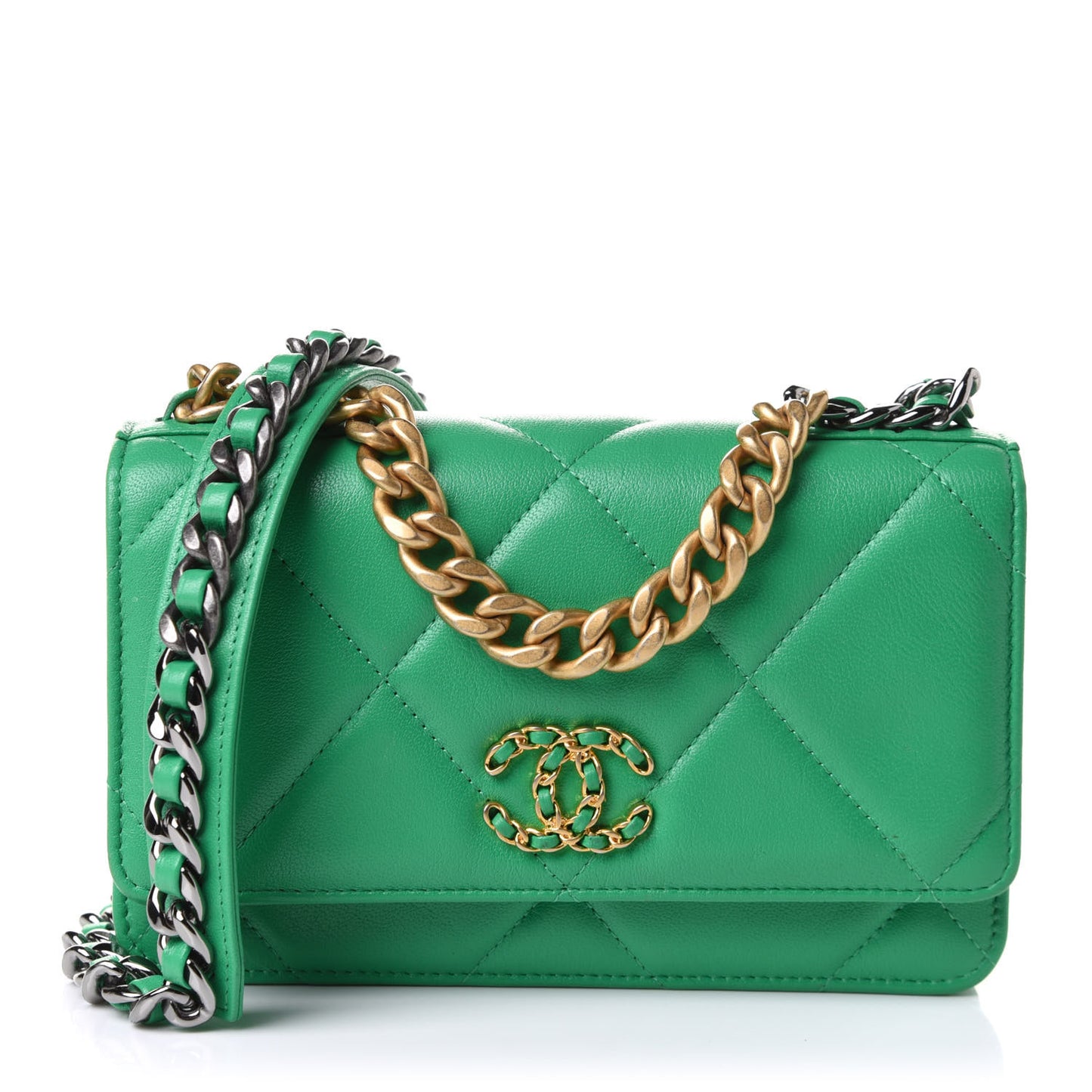 Shiny Lambskin Quilted Chanel 19 Wallet On Chain WOC Green