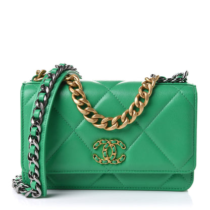 Chanel Shiny Lambskin Quilted Chanel 19 Wallet On Chain WOC Green 1 of 10