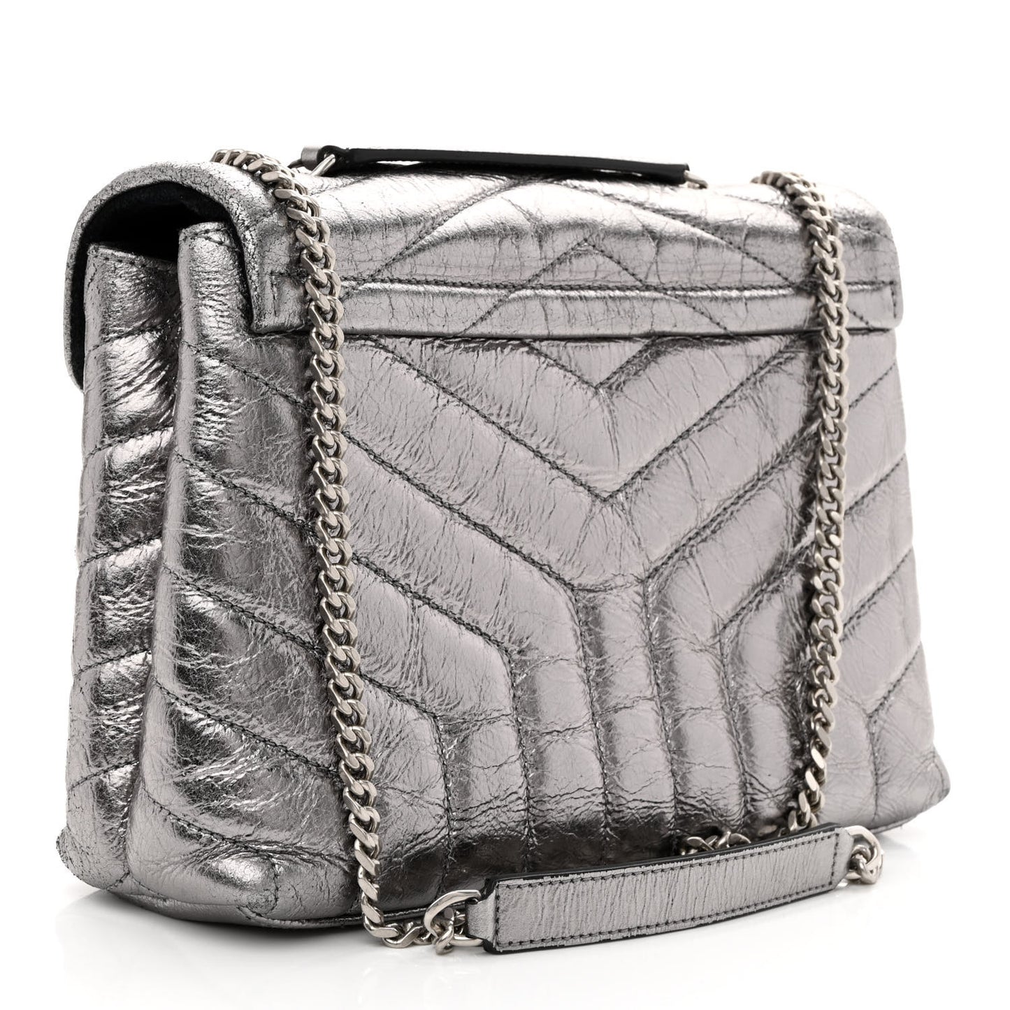 Metallic Calfskin Y Quilted Monogram Small Loulou Chain Satchel Acciaio