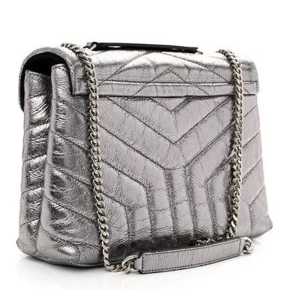 Saint Laurent Metallic Calfskin Y Quilted Monogram Small Loulou Chain Satchel Acciaio 3 of 13