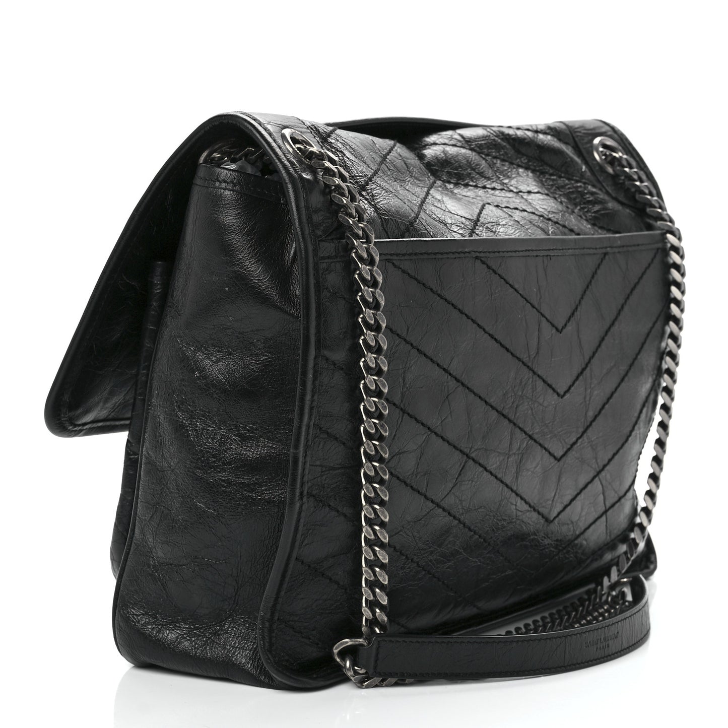 Crinkled Calfskin Matelasse Monogram Large Niki Chain Satchel Black