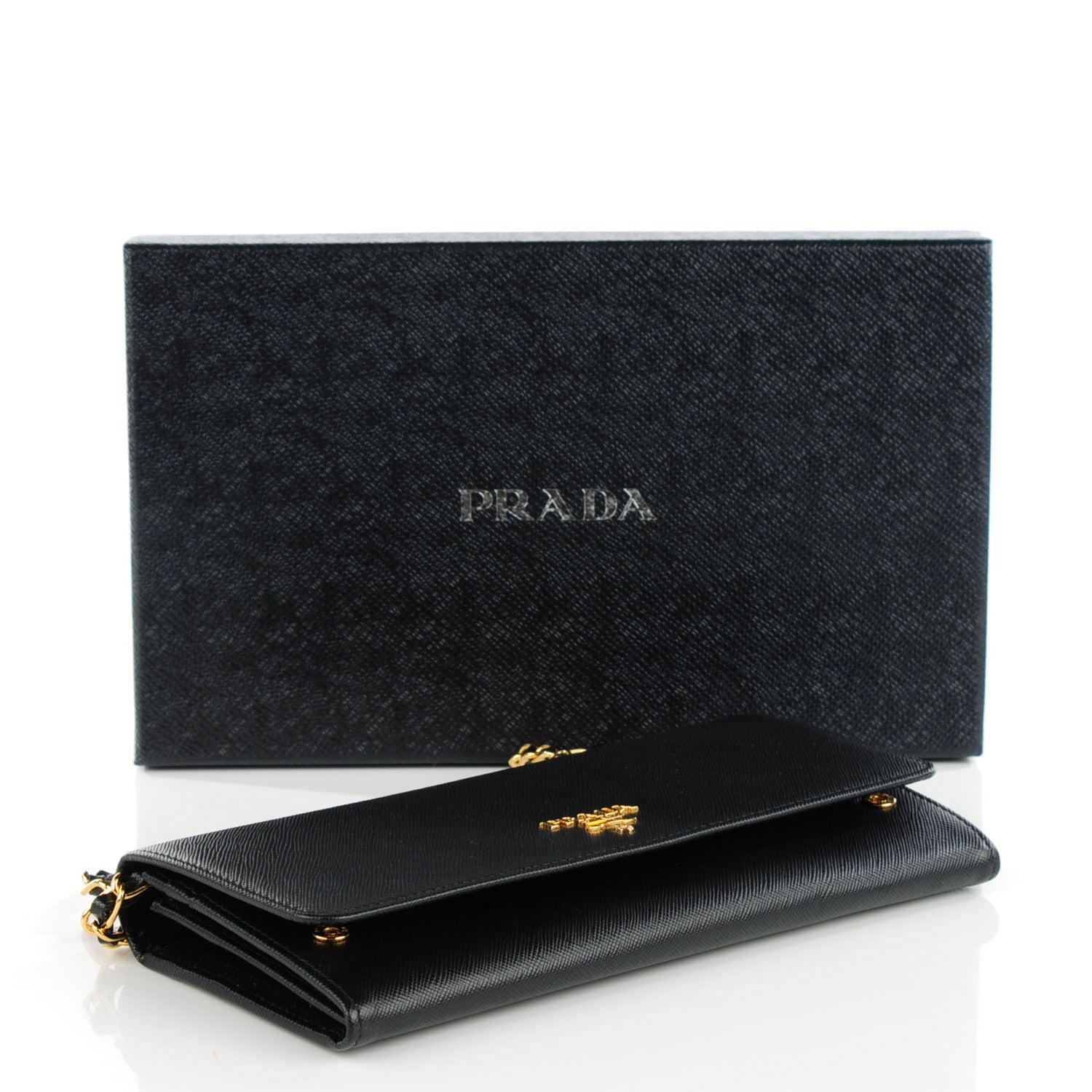 Prada Saffiano Metal Oro Chain Wallet Nero Black 4 of 8