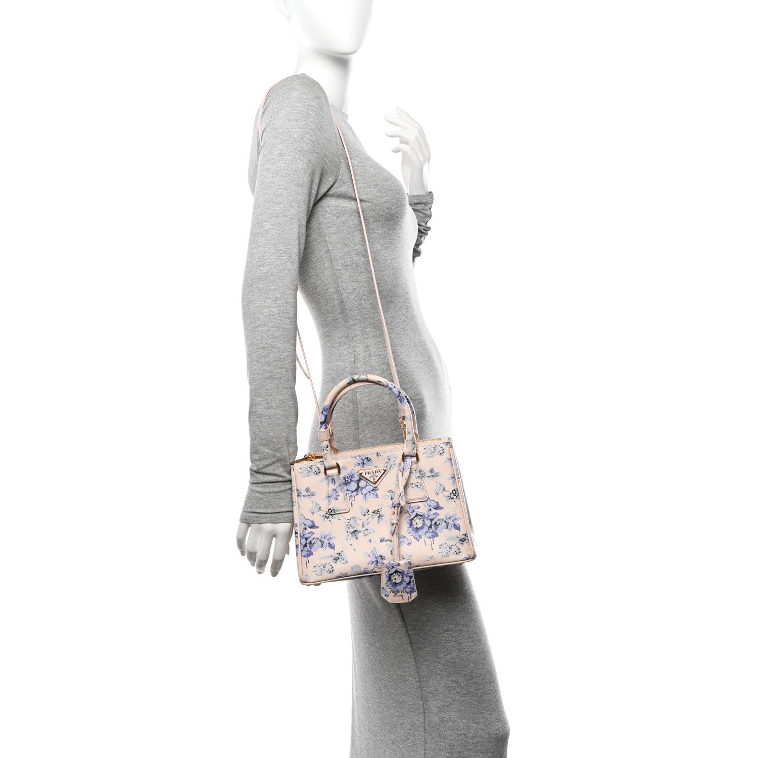 Prada Saffiano Lux Floral Print Small Galleria Double Zip Tote Periwinkle Blue 2 of 9