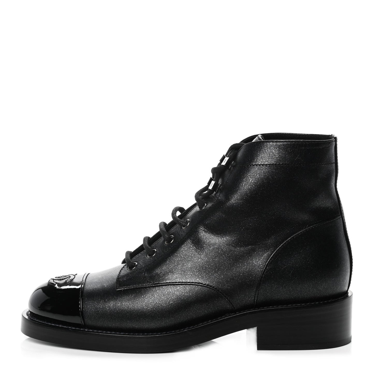 Iridescent Calfskin Patent Cap Toe Combat Boots 39 Black