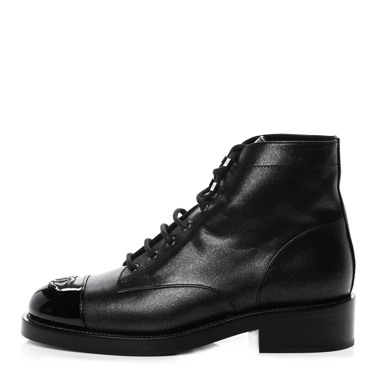 Chanel Iridescent Calfskin Patent Cap Toe Combat Boots 39 Black 1 of 9
