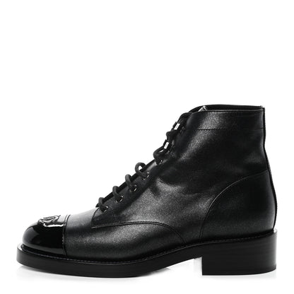 Chanel Iridescent Calfskin Patent Cap Toe Combat Boots 39 Black 1 of 9