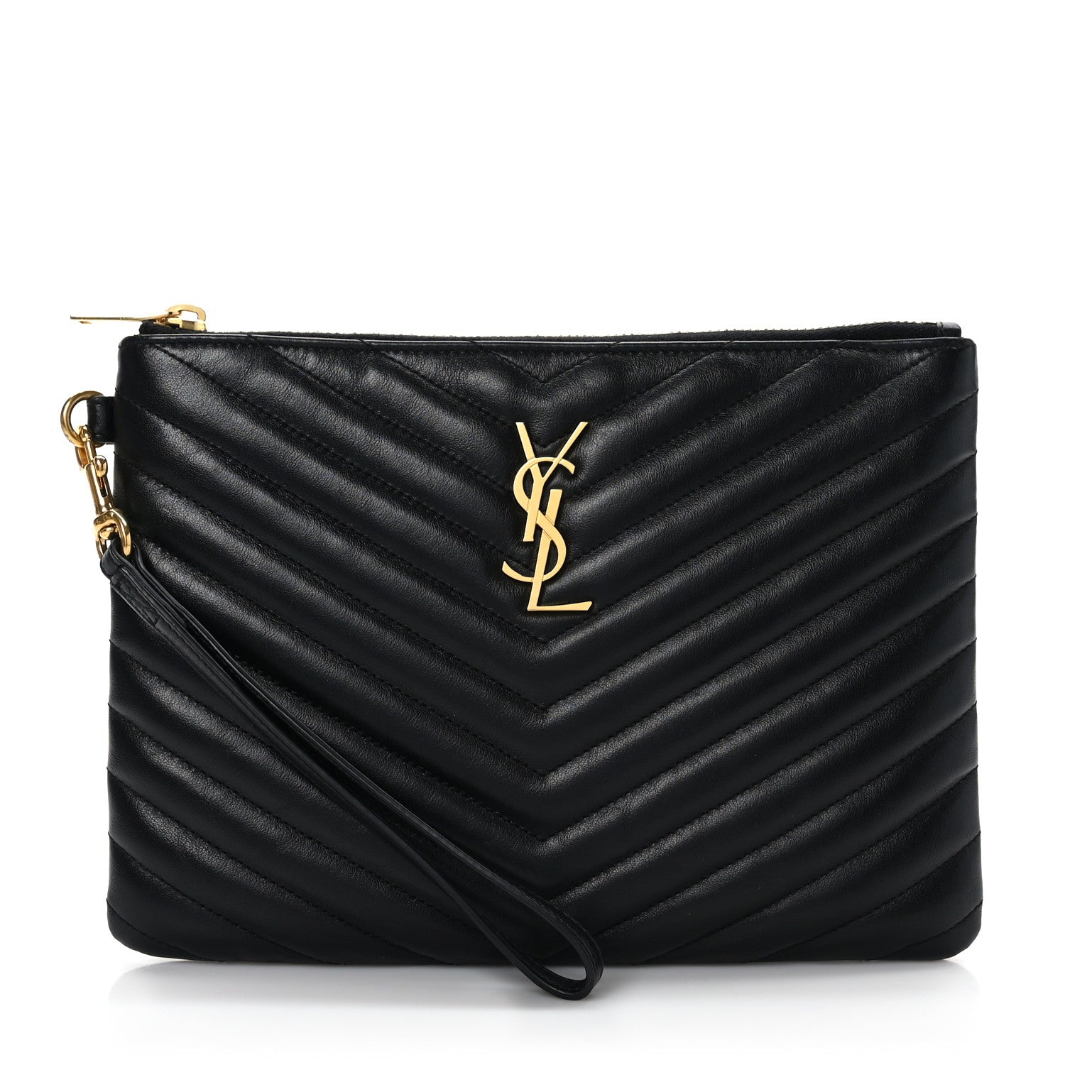 SAINT LAURENT Calfskin Matelasse Chevron Monogram A5 Wristlet in the color Black by FASHIONPHILE