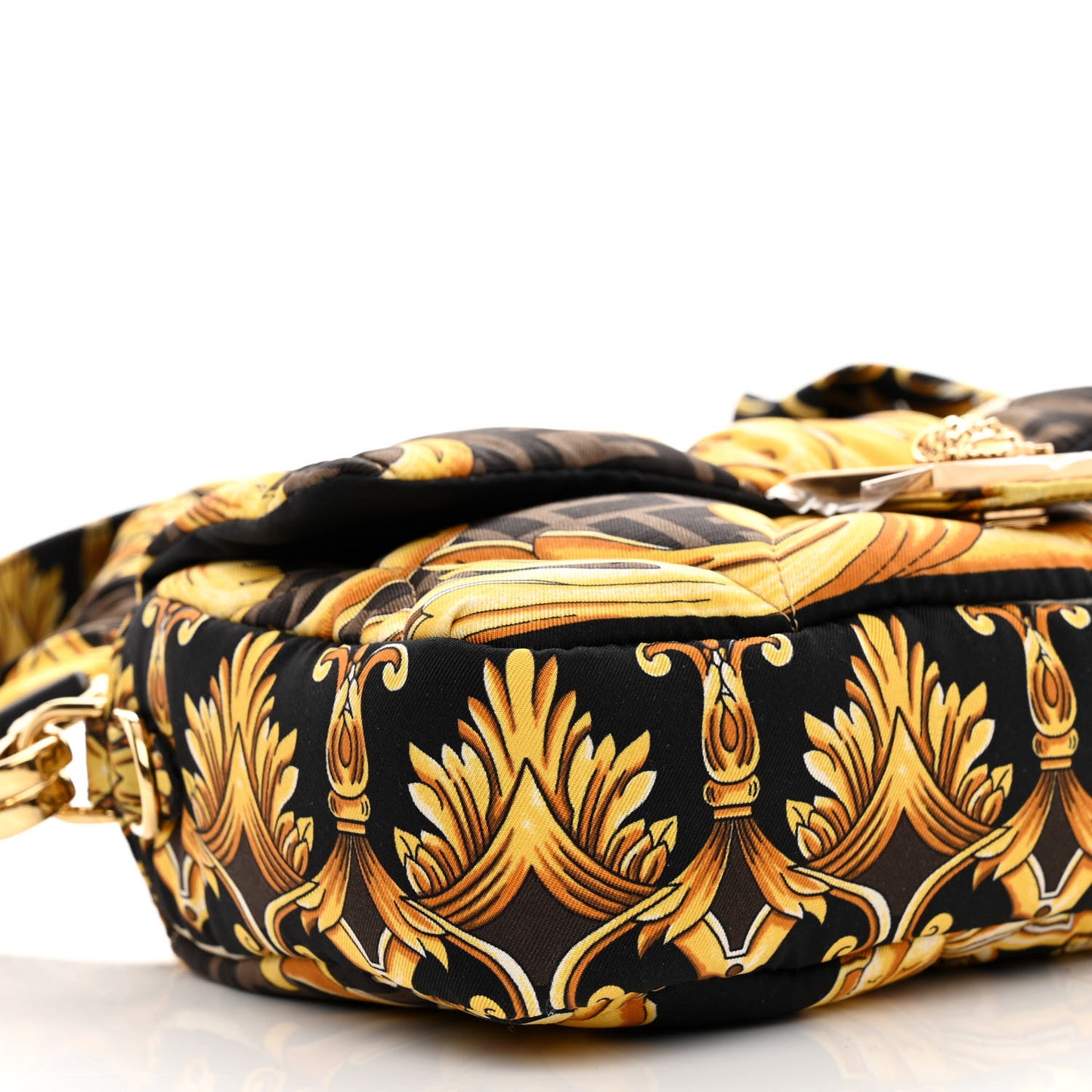 X VERSACE Silk Fendace FF Baroque Quilted Scarf Baguette Black Gold