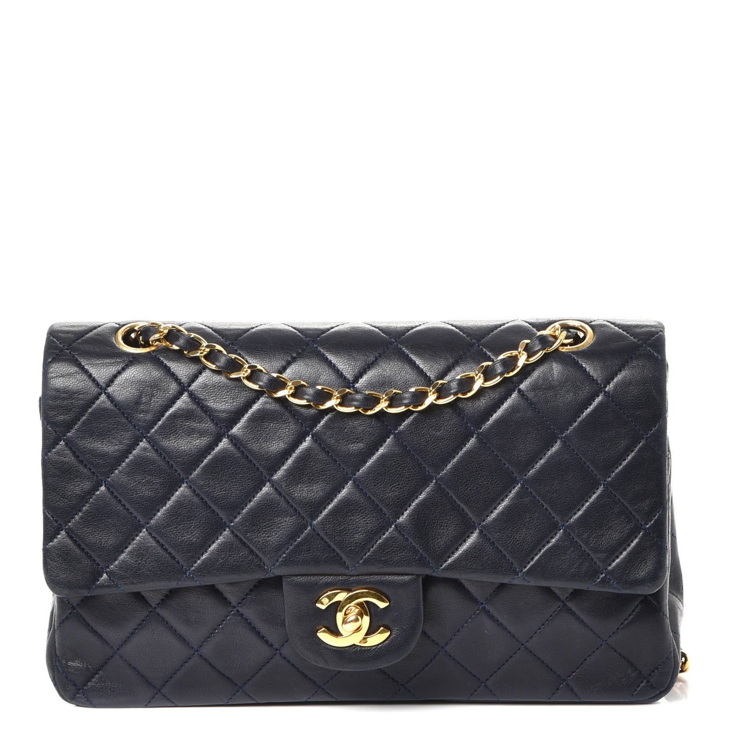 Lambskin Quilted Medium Double Flap Navy