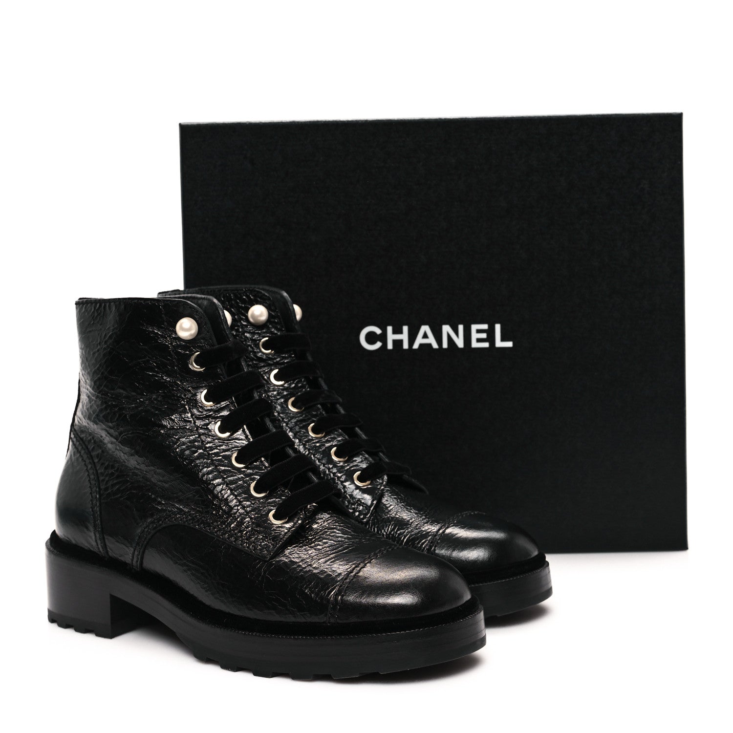 Chanel Shiny Calfskin Velvet Pearl Combat Short Boots 39.5 Black 10 of 10