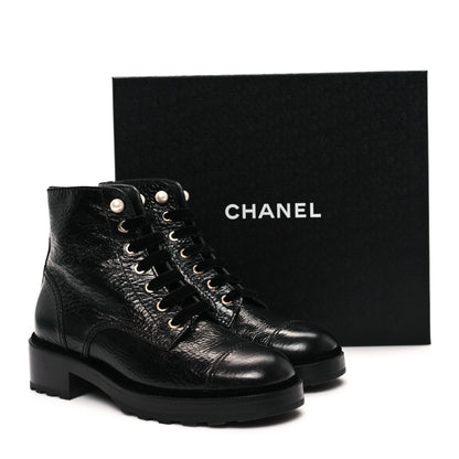 Chanel Shiny Calfskin Velvet Pearl Combat Short Boots 39.5 Black 10 of 10
