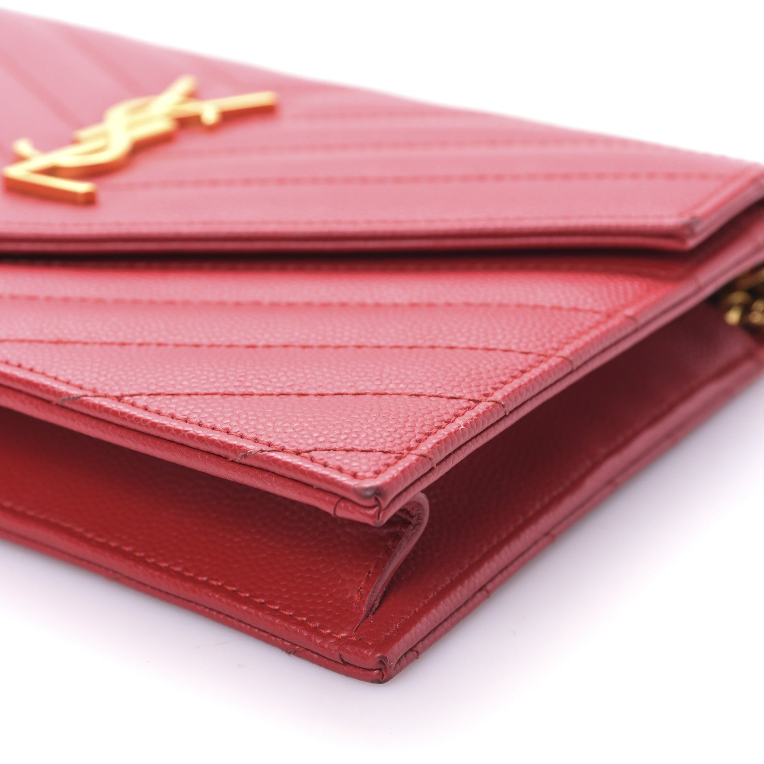 Saint Laurent Grain De Poudre Matelasse Chevron Monogram Envelope Chain Wallet Red 9 of 10