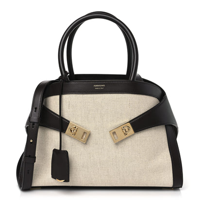 Salvatore Ferragamo Calfskin Canvas Medium Hug Bag Natural Testa Di Moro 1 of 8