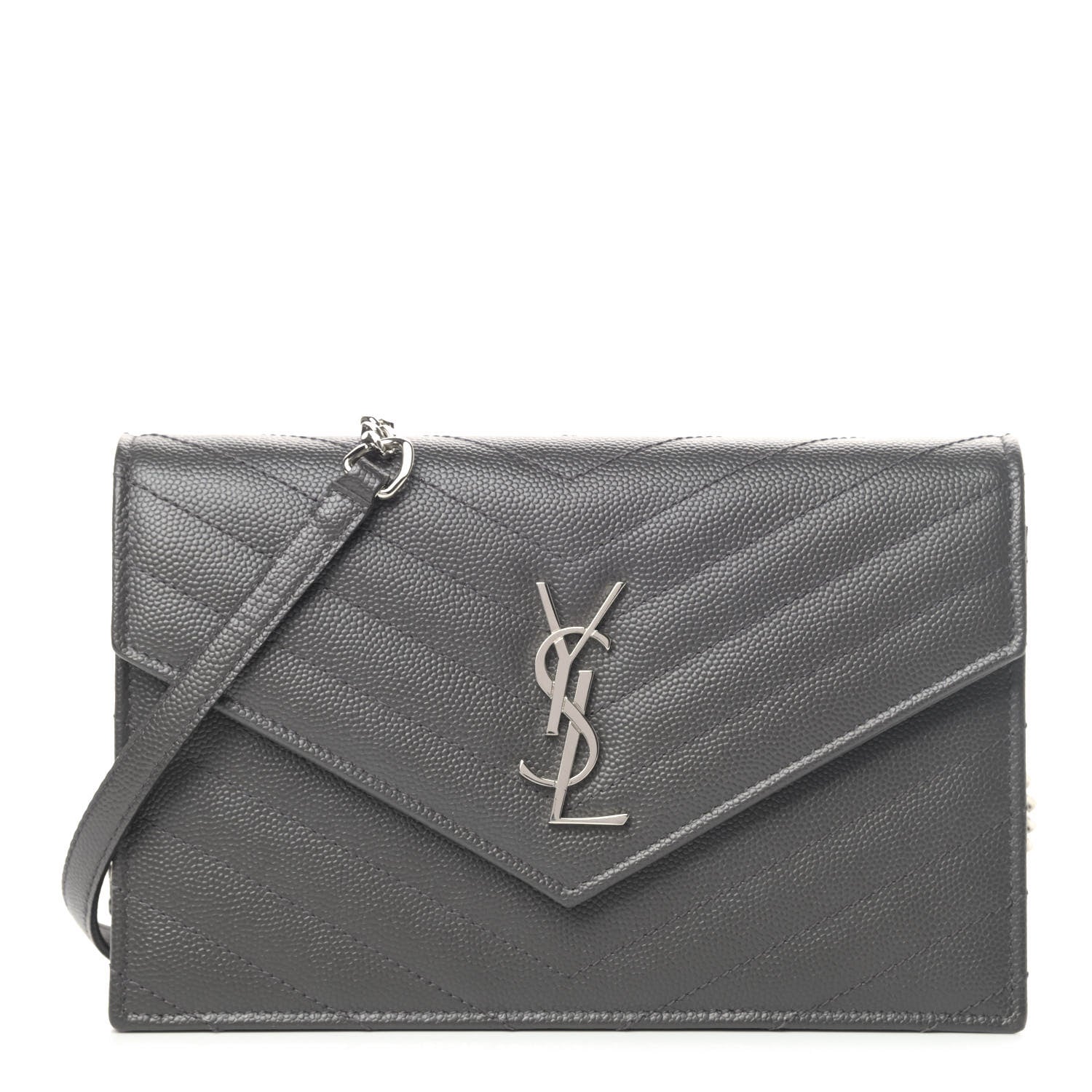 Saint Laurent Grain De Poudre Matelasse Chevron Monogram Envelope Chain Wallet Coal 1 of 4