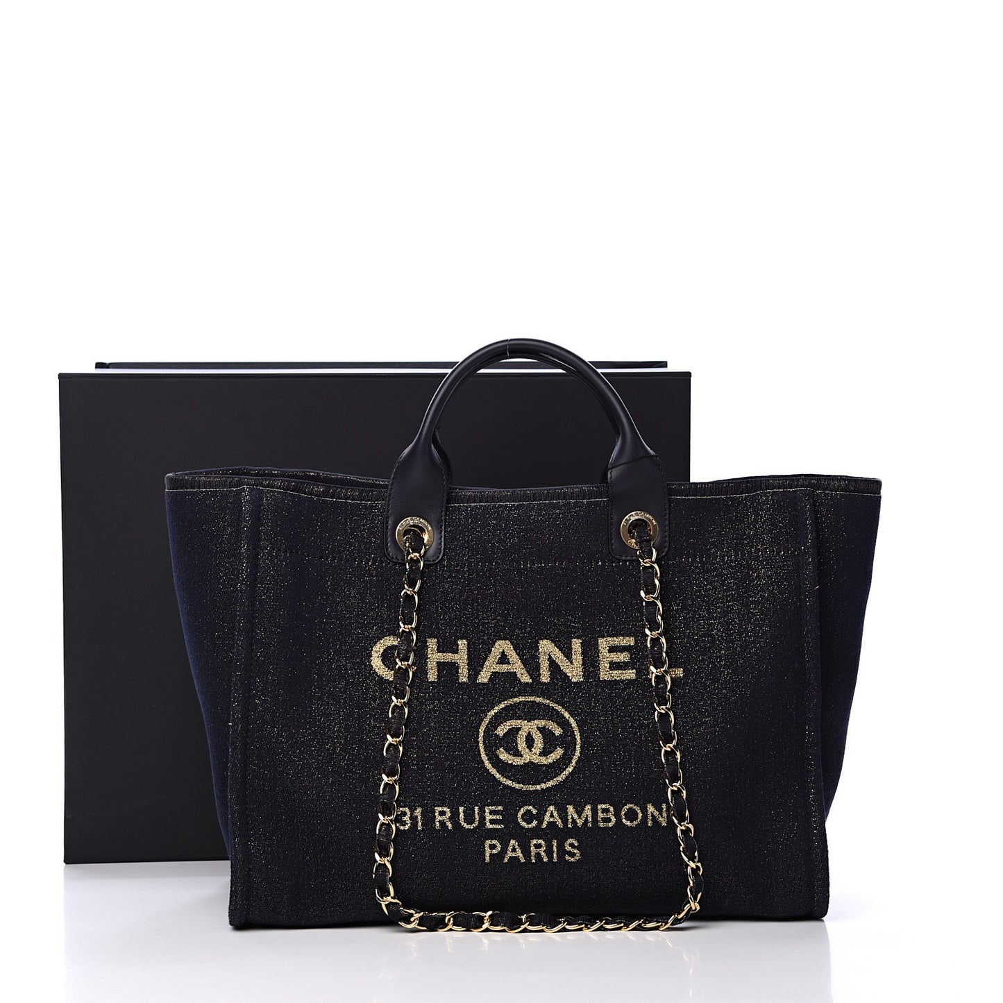 Lurex Canvas Medium Deauville Tote Navy Blue Gold